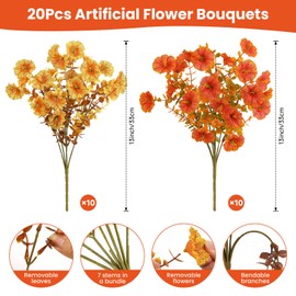 Alupssuc 20 Bundles Artificial Fall Flowers for Outdoors Decoration, UV Resistant Silk Colorful Morning Glory Realistic Faux Flowers Plants for Planter Porch Patio Yard Balcony, Fall Yellow&Orange