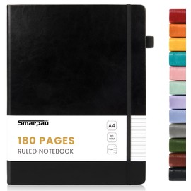 Smarpau A4 Notebook 180 Pages, Leather Lined Journal Notebook for Men Women, Thick Paper No Bleed for Writing, Hardback Notepad for Office School Travel (Black)