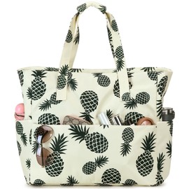 LEDAOU Large Beach Bag with Zip Women's Waterproof Shoulder Bag Tote Bag Shopper Sandproof with Zip Pool Fitness Travel Bag Family, beige, 17.7 x 15.7 x 8 zoll, Contemporary