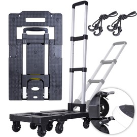 Upgraded 600LBS Heavy Duty Folding Hand Truck Dolly, Light Weight Utility Dolly Platform Cart with 7 Wheels, Brakes, Handle Lock, and 2 Elastic Ropes for Luggage, Moving, Shopping Use