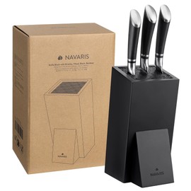 Navaris Knife Block, Black - Universal Knife Storage Solution - Bamboo Kitchen Knives Holder with Bristles - Tilted Storage for Easy Access - Removable Insert for Easy Cleaning