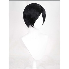 Osseoca- Peluca de pelo corto negra con flequillo y raya a un lado, pelo lacio, melena completa, peluca de simulación de personaje de anime de 11 pulg