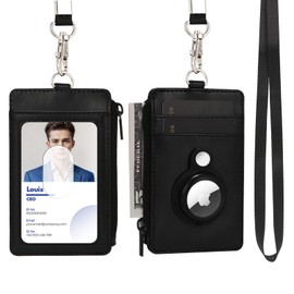 PRETWOYS 2-in-1 Airtag Badge Holder & Slim Minimalist Front Pocket Wallet, PU Leather ID Badge Card Holder with Zipper Pocket & 1 Clear ID Window & 2 Credit Card Slot & 1 Lanyard