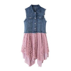 FindThy Women’s Denim Vest Sleeveless Ripped Draped Patchwork Cardigan Jean Vest with Irregular Lace Extender Hem(0475-Blue-XL-LB)