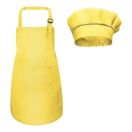 WEONE Kids Apron and Chef Hat Set, Adjustable Children Apron with 2 Pockets for Boys Girls, Toddler Chef Apron Kitchen Garden Bib Aprons for Cooking Baking Painting Crafting (7-13 Year) (Yellow)
