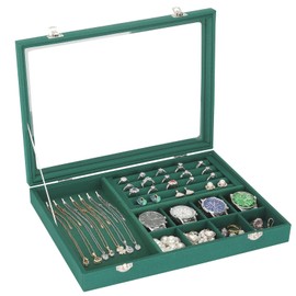 KUKUVR Velvet Jewelry Necklace Ring Earring Pendant Organizer Box, Ring Necklace Earring Pendant Display Storage Tray with transparent lid, Dustproof Jewelry Holder Box Showcase (Green)