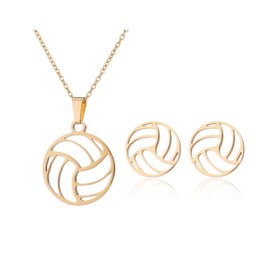 Football Volleyball Baseball Rugby Basketball Bracelet Necklace Stud Earrings Set Waterproof Wax Thread Woven Adjustable Rope Bracelets for Women Men Sport Fans Jewelry-Volleyball Set Gold