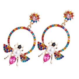 Beavorty Rhinestones Bee Dangle Earrings for Women Geometric Pearl Earrings Elegant Statement Jewelry for Daily Wear Special Occasions