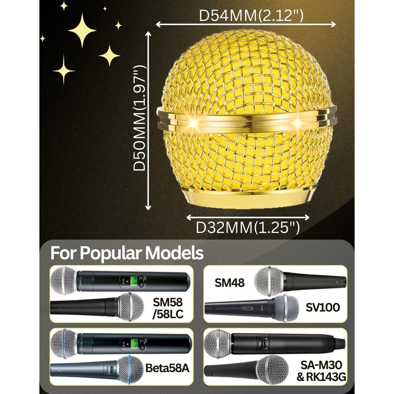 RhymKawa Bling Gold Microphone Cover Compatible with Shuer SM58, SM48