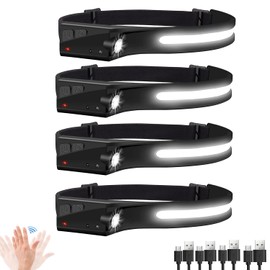 Linterna frontal, paquete de 4 faros LED recargables, 1200 lúmenes, 2 COB 230° de haz ancho con sensor de movimiento, brillante, 5 modos, ligera, impermeable, para correr, acampar y senderismo