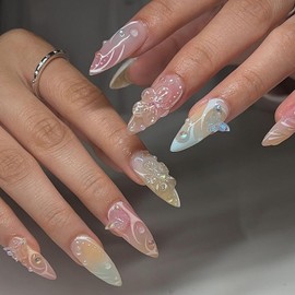 Almond Press on Nails Medium Fake Nails 3d Colorful Design Glue ons Nails Flower Butterfly Pearl Acrylic Nails 24Pcs Coquette Stiletto Handmade Manicure False Nails for Women Girls