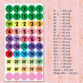 DUGUTUL 2000 pcs Color-Coded Pre-Priced Stickers for Garage Sale and Flea Market, 3/4" Diameter - Bold Fonts, Clear Visibility, High Visibility, Easy Organization ﻿