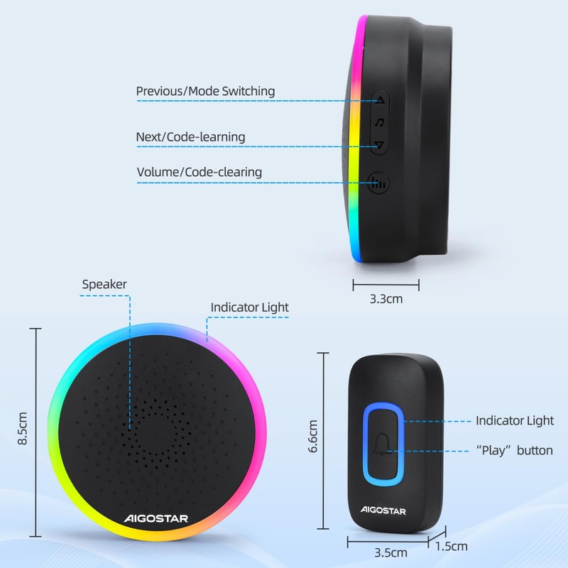 Aigostar Wireless Bell with RGB Light, IP55 Waterproof Outdoor Door