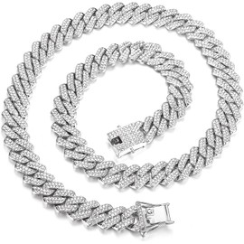 Thunaraz Cuban Links Chain for Men 14MM Iced Out Miami Cuban Link Necklace Silver Plated Necklaces Chain Diamond Chain Bling Bling Hip Hop Jewelry Gift for Boys 20IN