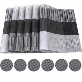 Time to Sparkle 13 PCS Vinyl Woven 6pcs Placemats + 6pcs Coasters+ 1pc Tablecloth Anti-Slip Table Mat Waterproof Heat Resistant Table Mat Decoration (Placemat+Runner-Black Bamboo)