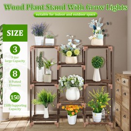 Dreyoo Plant Stand with Grow Lights, Wood Plant Shelf with Full Spectrum Grow Lamp for Indoor Corner, Vintage Multi Layer Lighted Stand for Living Room Balcony Display(8 Potted Shape)