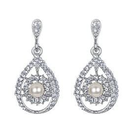 Ever Faith Bridal Tear Drop Dangle Earrings Inspired Austrian Crystal Simulated Pearl for Women Clear