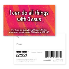 I Can Do All Things with Jesus, Philippians 4:13, Bulk Pack of 25 Christian Affirmation Scripture Cards for Kids, Bible Verse Wallet Cards for Childrens Church, Sunday School, & Youth Ministry