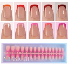 Misssix XBASICTIPS French Tip Press On Nails, 300Pcs Red French Gel Nail Tips Short Square, Soft Gel Pre-shaped No Need to File 3 in 1 Tips, Fake Nails for Nail Art DIY Extension Designs 15 Sizes