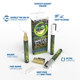 Crafty Croc Metallic Chalk Markers, Gold Silver White - 3 Pack, Medium Tip 6mm, Wet Erase for Accent Details