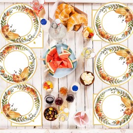 24 Pcs Thanksgiving Paper Plates Holiday Supplies Dinner Dessert Dinnerware Fall Pumpkins Leaves Flowers Design Tableware 9 inches