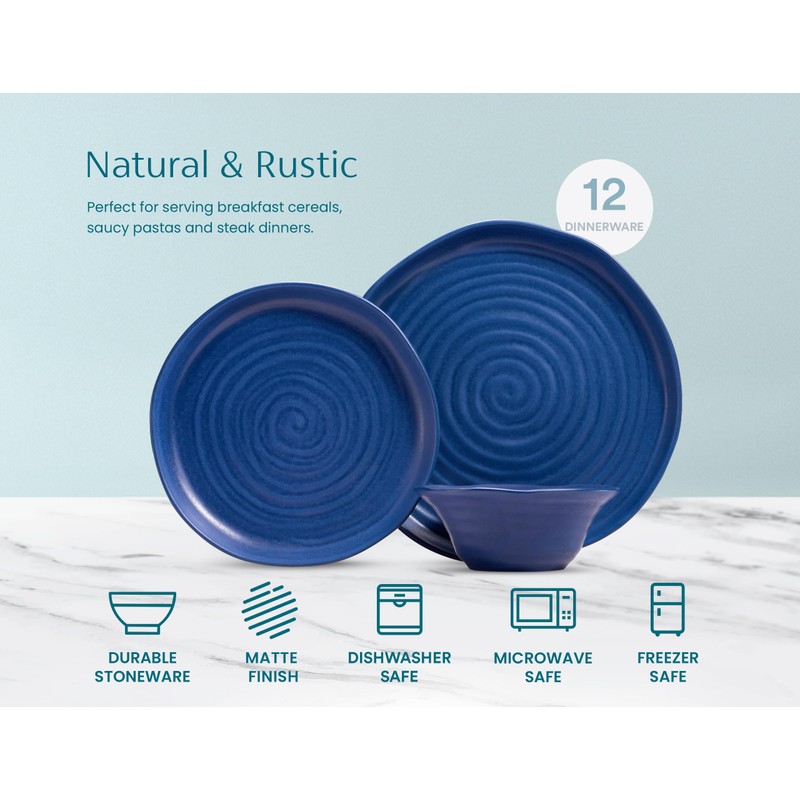 KooK Ceramic Dinnerware Set, Service for 4 (12-Piece) Plates &