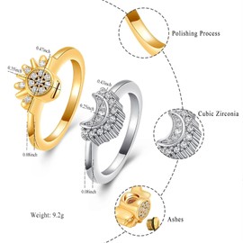 Urn Rings Cremation Jewelry for Ashes Rings Celestial Sun and Moon Ring Set,Sparkling Sun Ring/Blue Moon Ring/Silver Plating Friendship Promise Ring,Stackable Celestial Rings,Gift for Women/Girls
