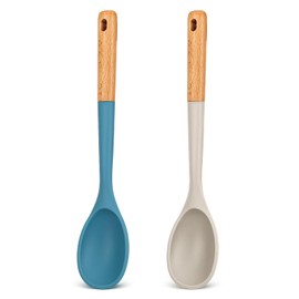 Large Silicone Cooking Spoons, Nonstick Solid Wooden Handle Spoon, Heat Resistan Silicone Kitchen Spoons for Cooking, Serving, Basting, Mixing, 13.2inch (Khaki & Blue)