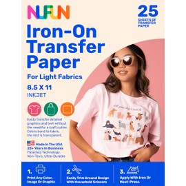 NuFun Activities Printable Iron-on Heat Transfer Paper for T Shirts, Light Fabrics, 25 Sheets 8.5 x 11 inch, Long Lasting, Durable, Professional Quality, Easy DIY, Non-Toxic, Made In the USA