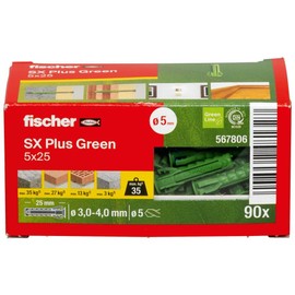 fischer fischer Spreizdbel SX Plus Green 5 x 25, Schachtel mit 90 nachhaltigen Dbeln, Allzweckdbel aus nachwachsenden Rohstoffen, optimaler Halt in Beton, Vollziegel, Porenbeton, Hochlochziegel uvm.