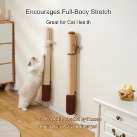 Wall-Mounted Cat Scratching Post – Minimalist Sisal Vertical Climber with Grooming Brush & Hanging Ball for Indoor Cats – Space-Saving, Stylish Design, Brown