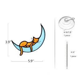 BOXCASA Sleeping Cat Stained Glass Windown Hanging,Orange Cat on Moon Beautiful Handcrafted Sun Catcher Gifts for Daughter,Mothers Day,Christmas and Cat Lover