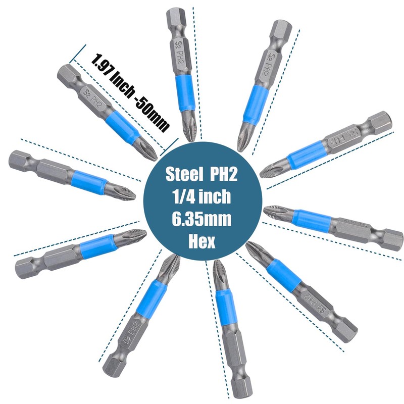 Treki Magnetic Ph2 Phillips Screwdriver Bit Set,10PCS 1/4 Hex Shank
