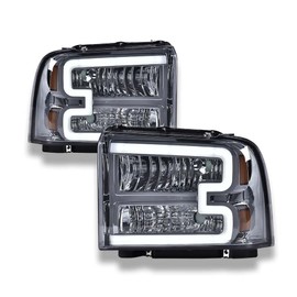 CHEDA LED DRL Headlights Assembly, Compatible with 2005 2006 2007 Ford F250 F350 F450 F550 Super Duty bumper Headlamp(Smoky lens Chrome Housing Amber Reflector) Faros Conjunto De Faros