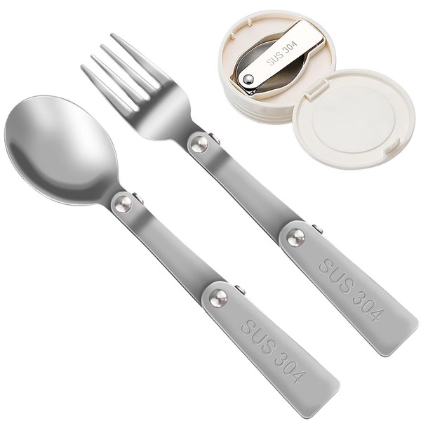 WOLMIK 2pcs Foldable Fork and Spoon Set, Portable Stainless Steel