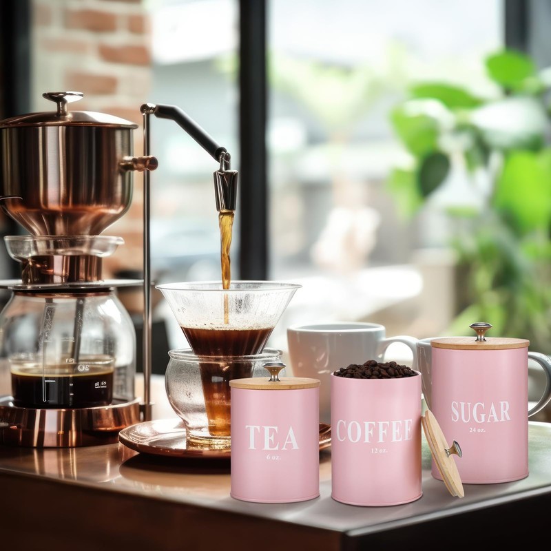 Blushtier 3 Pack Pink Kitchen Canister Set Metal Tea Coffee