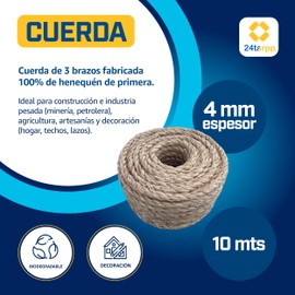 24tarpp Cuerda de Henequén 100% Natural 4MM 10 MTS | 3 Brazos, Biodegradable y Alta Resistencia - Ideal para Decoración, Agricultura, Construcción y Carga Pesada Hen 4MM 10Mts
