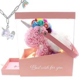 Vignor Rose Unicorn Party Favors Artificial Flowers Forever Bear Gift Box Set for Girlfriend, Children, Kids, Daughter, Christmas, Valentines, Birthday Decorations for Girls (Light Pink)