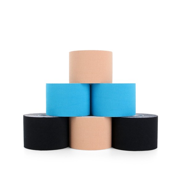 Superbe Kinesiology Tape (6 Rolls Pack), Sports Tape for Athletic Sports, Pain Relief, Recovery and Physio Therapy, 2 Inch x 16.4 Feet (Beige, Black, Blue, 6 Rolls)