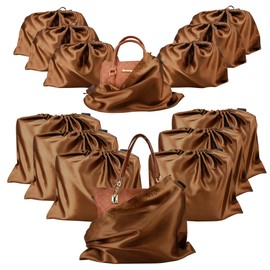 GONGKANGYUAN - 12 bolsas de satén antipolvo para bolsas, organizador de almacenamiento con cierre de cordón ajustable, protector de bolsas, marrón