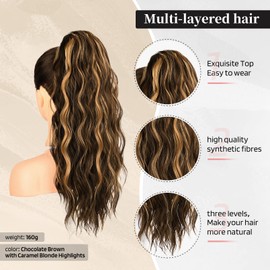 FLUFYMOOZ Ponytail Extension, 22 Inch Drawstring Ponytail Hair Extensions for Women， Long Curly Wavy Ponytail Natural Wavy Synthetic Hairpiece for Women(22 Inch Brown with Blonde Highlights)