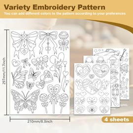43Pcs Cute Women Style Embroidery Pattern Stabilizer, 21 x 29.7cm Heart Bow Bag Water Soluble Stick and Stitch Embroidery Sticker, 4 Sheets Skirt Car Hand Sewing DIY Embroidery Paper