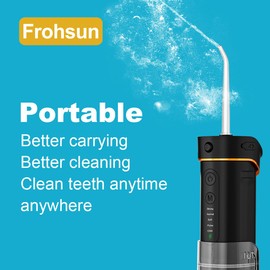 Frohsun Retractable Oral Irrigator Portable Oral Irrigator Wireless 5 Water Intensities 6 Replacement Nozzles IPX7 Waterproof for Braces Care Travel and Home Use