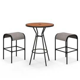 HAPPYGRILL 3 Piece Patio Bistro Set, Bar Height Round Table with 1.6” Umbrella Hole & 2 Stools, Bistro Table and Chair Set, Outdoor Furniture Set for Porch, Balcony, Backyard (2 Stools)