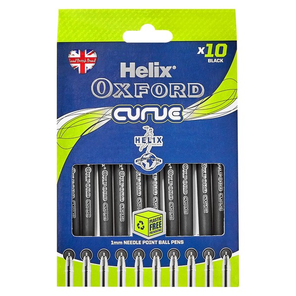 Helix Oxford Curve Ballpoint Pens (x10 Pack Black Ink) with Plastic Free Packaging