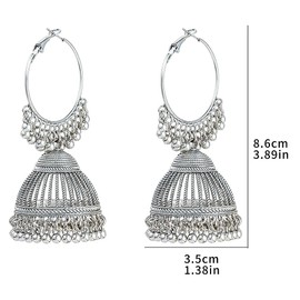 Antique Indian Jhumka Bell Dangle Drop Hoop Statement Earrings Oxidized Ethnic Bollywood Jhumki Dangling Huggie Hoops Earring Boho Jewelry Gifts for Women Birthday (Silver)