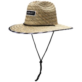 Hurley Men's Straw Hat - Wide-Brimmed Bayside Patterned Straw Beach Hats for Men, Grey/Black