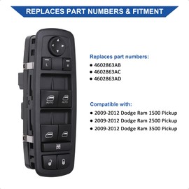 Interruptor de ventana eléctrico para lado del conductor compatible con Dodge RAM 1500/2500/3500 Quad & Crew Cab Pickup 2009-2012, botones automáticos dobles (sin espejos plegables, sustituye a 4602863AB, 4602863AC)