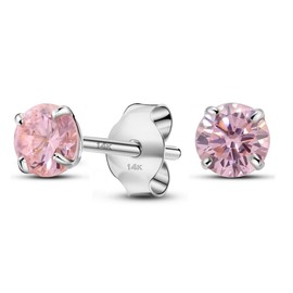 Solid 14K White Gold Round Solitaire Simulated-Tourmaline-Birthstone Minimalist Stud Earring (3mm, 10-October)