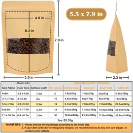 Blisstime 50 Pack Kraft Paper Stand Up Pouch Bags, Resealable Bag with Transparent Window and Tear Notch for Multipurpose Storage (5.5 X 7.9 Inches)